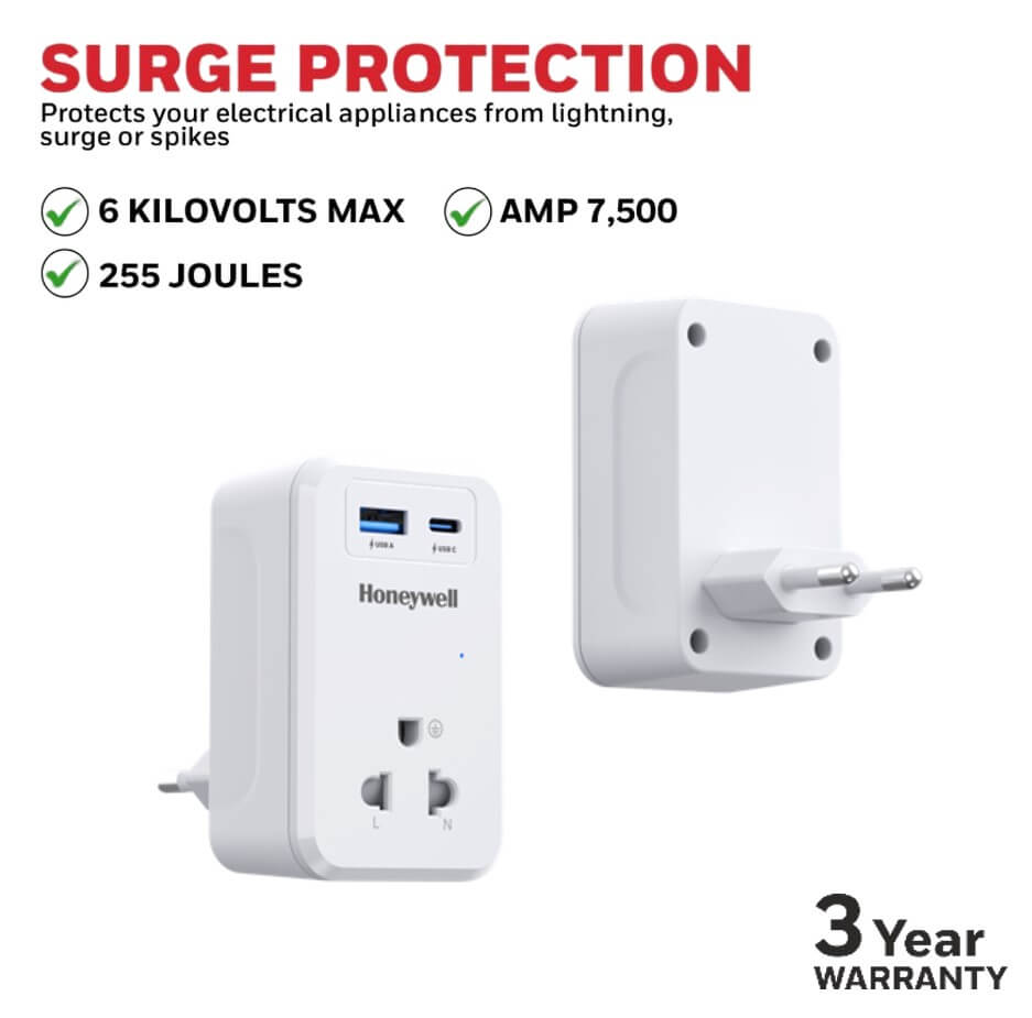 ปลั๊กแปลง Honeywell รุ่น HCC000033 ป้องกันไฟกระชาก (USB-C 1 ช่อง, USB-A 1 ช่อง)_2